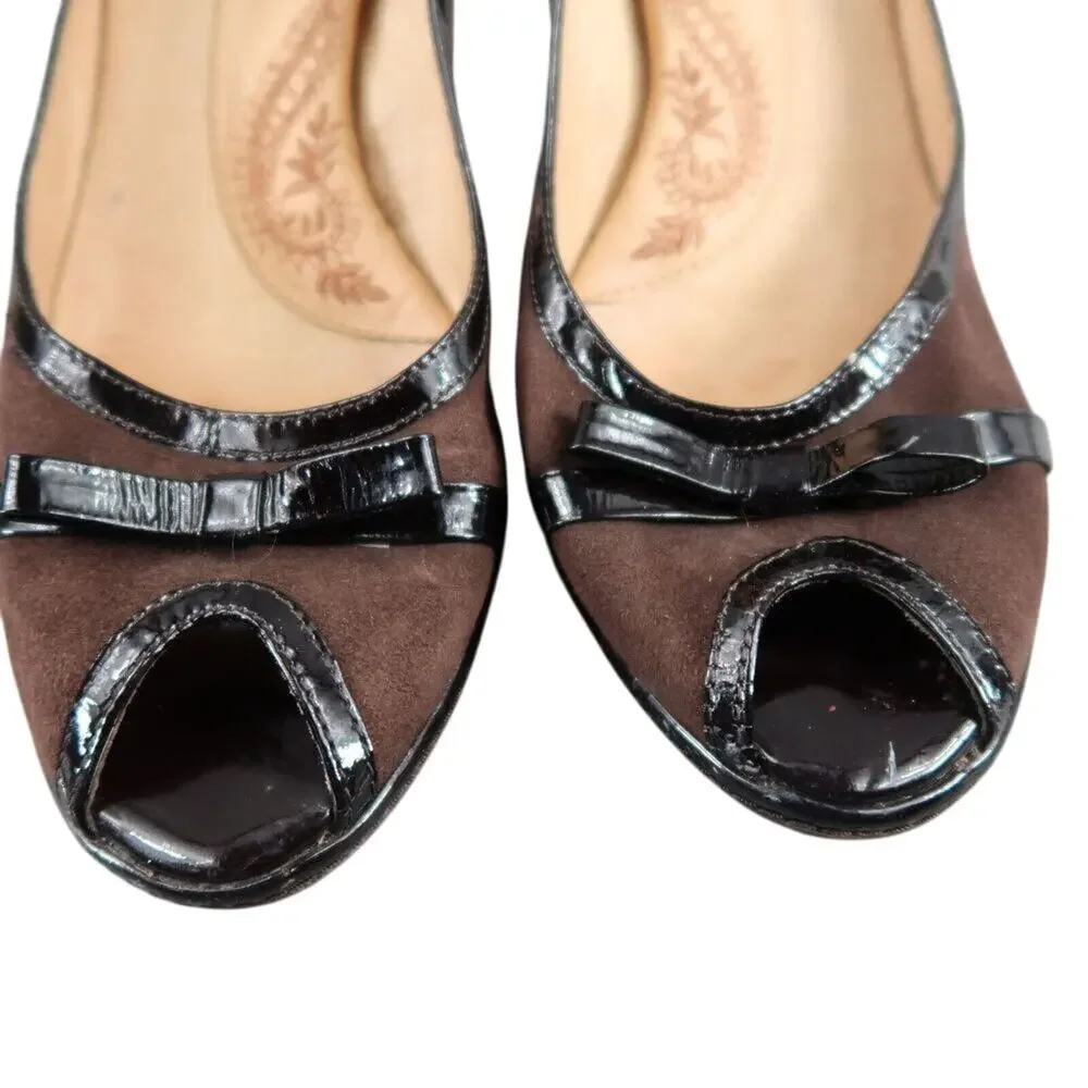 Sofft Shoes Womens 9.5 Pumps Heels Leather Fashion Peep Toe Classic Brown Bow
